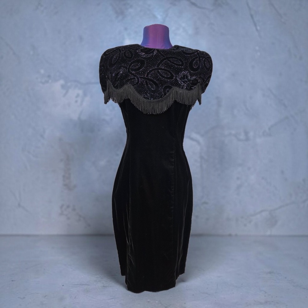 Gunne Sax Vintage Black Velvet Fringe Glitter Cape Dress Size 9